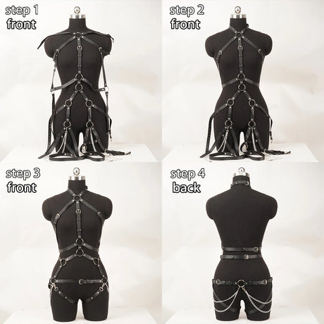 Punk Gothic Adjustable PU Leather Full‑Body Harness Set for Women, Stylish Decor Accessory for Rave Festival, Halloween Cosplay