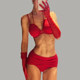 Seductive Red Women's Lingerie Sets Wild Sexy Sheer Mesh Double Strap Halter Bra Panty Mini Skirt Gloves Stocking 5PC Erotic Set