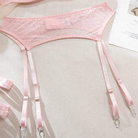 InstaBay Delicate Lace Lingerie 4 Pcs Sets Woman Mesh Patchwork See Through Bras And Thongs Garter Suits Erotic Intimate Outfit