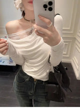 Lace Splice Asymmetrical Shoulder Long Sleeve T-Shirt Women's Slim Fit White Top for Autumn Winter Commute Casual Wear
