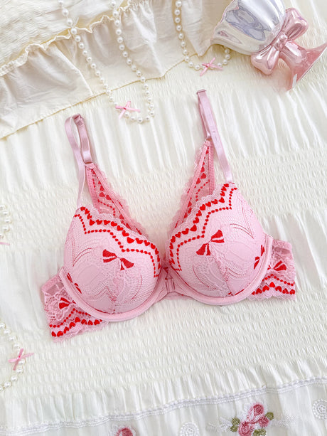 Sweet Lace Trim Splice Love Heart Women Sexy Bras Trendy Lovely Beautiful Back Push Up Ladies Lingerie Comfort Underwire Bra