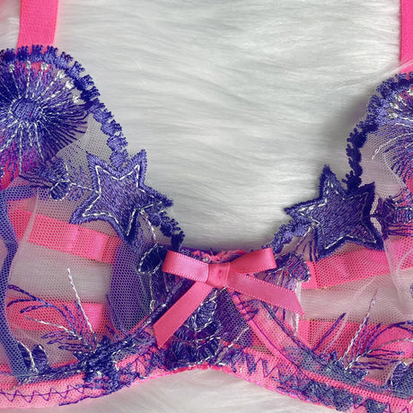 Pink Fancy Lingerie Floral Luxury Lace See Through Underwear Sensual Garter Belt Set Contrast Color Fairy Outfit