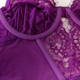 Sexy Purple Eyelash Lace Lingerie Set 3Pcs Mesh Transparent Fishbone Bustier Bra Panty with Stockings Sensual Underwear