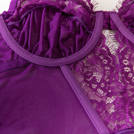 Sexy Purple Eyelash Lace Lingerie Set 3Pcs Mesh Transparent Fishbone Bustier Bra Panty with Stockings Sensual Underwear