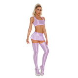 Womens Glossy Lingerie Sleeveless Crop Tank Tops Low Rise Miniskirt with Thigh High Stockings Pool Party Pole Dance Clubwear