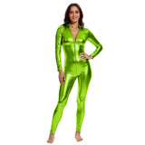 OVIGILY Women Metallic Long Sleeve Unitard Zip Front Bodysuit Catsuit for Clubwear Cosplay Costumes