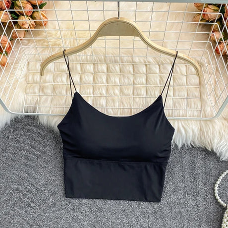 Sexy solid color crop tops sports spaghetti strap tanke top women built in bra off shoulder sleeveless omighty camisole hot
