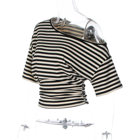 2026 New Autumn Women Vintage Striped Off Shoulder T-shirt Waist Cinching Slim Fit Daily Wear Ladies Tops