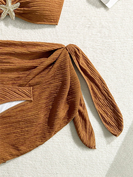 Metal Starfish Brown Bandeau Bikinis Sets 3 Pieces Sexy Swimsuit Cover Up Women 2026 Holiday Swimwear High Cut Bather Beach Wear