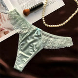 Hollow Lace Sexy Glossy Satin Silk Smooth Thong Women Sexy Low Waist G-string Underwear Bow Seamless Lingerie