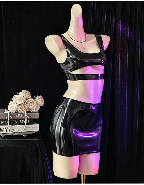 Sexy Women's Latex Clothing PU Elastic Hip Short MINI Skirt Shiny Maid Erotic Latex Top Intimate Lubrication Porn Costume