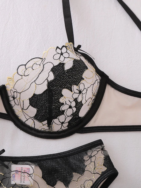 Belamimi Luxury French Embroidery Underwire Lift Shaping Sexy Underwear Garter Belt 3 Pieces Outfit