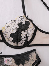 Belamimi Luxury French Embroidery Underwire Lift Shaping Sexy Underwear Garter Belt 3 Pieces Outfit