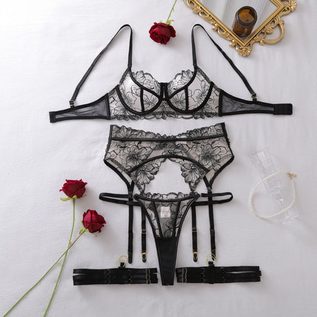 Ellolace French Women's Lingerie Fantasy Embroidered Bra Belt Thong with Leg Circles Elegant Floral Romantic Cute Miss Underwear