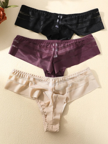 FINETOO 3pcs Women's Lace Hollow Out Underwear Sexy Breathable Low-Waist Thongs Female Comfort Stretchy Lingerie Bikini Panties