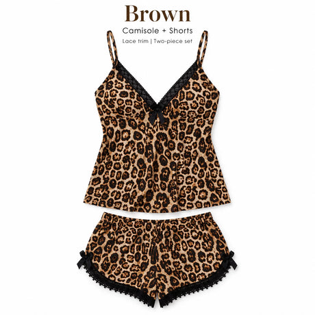 Women's Lace Trim Camisole Shorts Pajama Set, V Neck Bow Detail Sleeveless Two Piece Sleepwear in Solid and Printed Colors