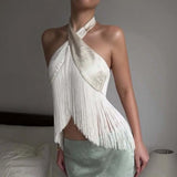 Women Satin Halter Top Asymmetrical Tassel Fringe Crop Top Backless Crisscross Neck Slim Fit Party Club Sleeveless Camisole