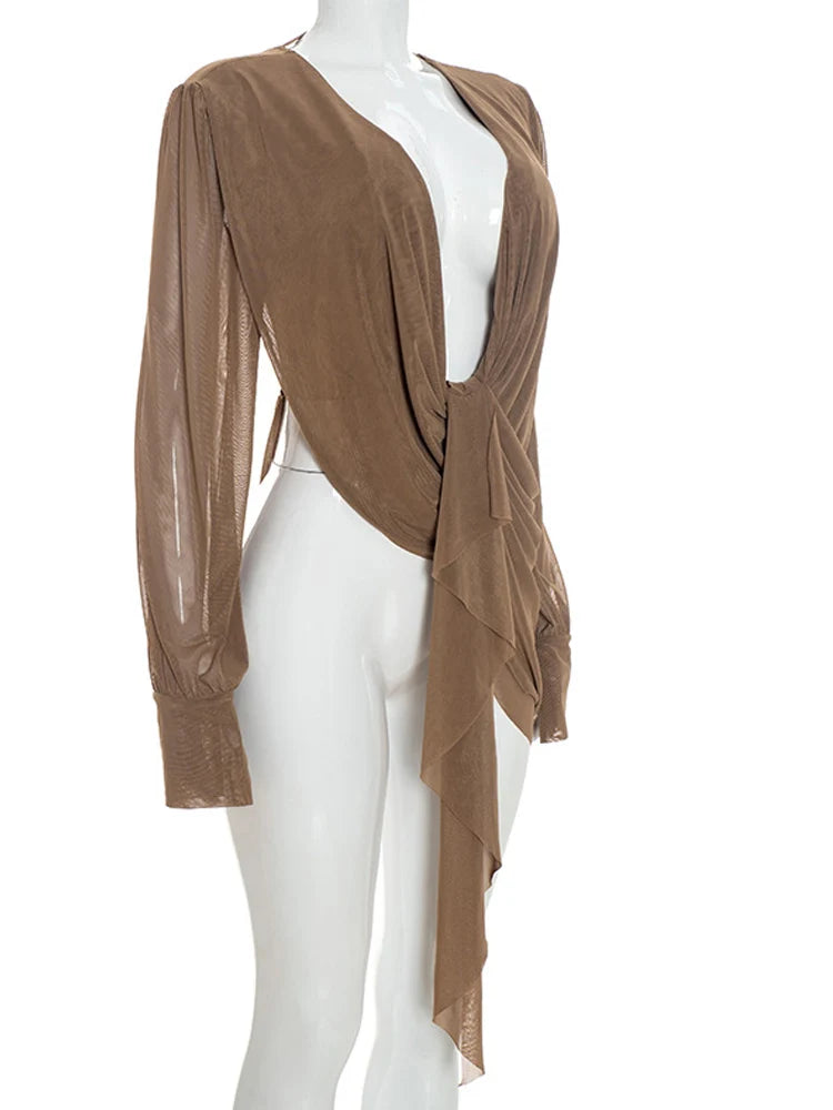 Beyprern Chic Y2K Aesthetic Plunging Neckline Mesh Top Female Draped Asymmetrical Long Sleeve Cover Up Blouse Night Out Clubwear