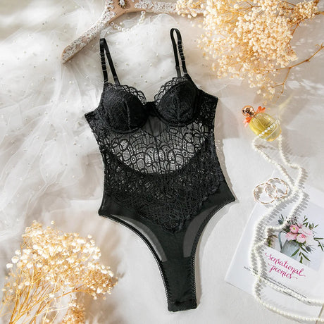 Sexy Women's Lingerie Lace Patchwork Hollow Out Bodysuit Black Solid Color Slim Suspender Backless Underwire One Piece Jumpsuit