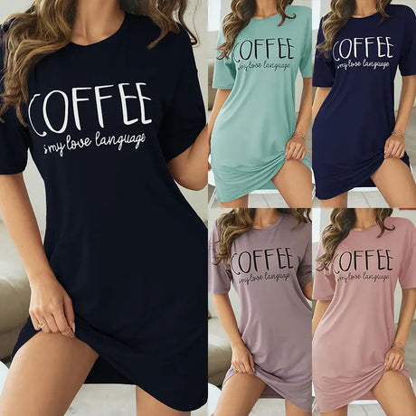Casual Slogan Print Nightdress For Women Short Sleeve Sleepwear Dresses Loose Fit Tee Nightwear Home Clothes Nightie Loungewear