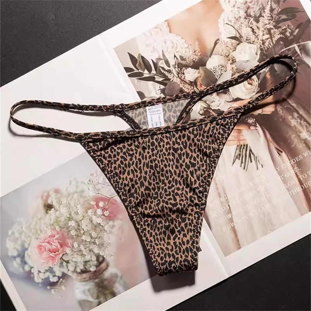 High Slit Spring/Summer New Leopard Print Thong for Women Sexy Ice Silk Seamless Underwear One-piece Fitness Plus Size G-strings