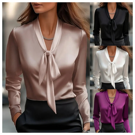 Elegant Satin Long Sleeve Bow Tie Neck Blouse for Women Office Casual Wear Top
