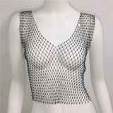 New Sexy Mesh Crop Tops for Women Summer Rhinestones Fashion Party Club See Through Fishnet Tank Hollow Out Backless Top