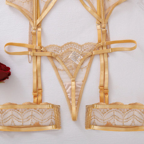 2026 Metal Chain Decor Perspective Lingerie Set Women's Sexy Lace Slim Underwear Split Set Female See Through Bra and Panty Set