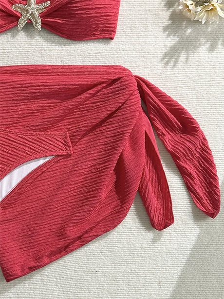 Metal Starfish Brown Bandeau Bikinis Sets 3 Pieces Sexy Swimsuit Cover Up Women 2026 Holiday Swimwear High Cut Bather Beach Wear