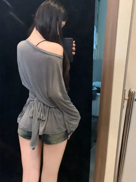 See Through Long Sleeve Oversize T Shirt Women Sexy Back Bandage Off Shoulder Top Female Basic Long Tees Korean Chic Lady New