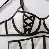 Women's Black White Contrast Strappy Lingerie Set 4PCS Underwire Bra Waist Cincher Garter Belt Thong Thigh Cuffs Sexy Intimate