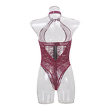 Sexy Zipper Front Lace Bodysuit High Cut Mesh Teddy Lingerie Women Halter Neck See Through Body Stocking Erotic Costume Purple