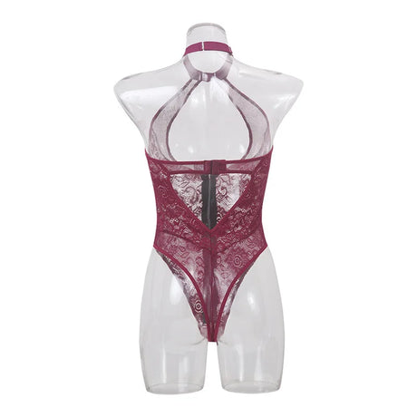 Sexy Zipper Front Lace Bodysuit High Cut Mesh Teddy Lingerie Women Halter Neck See Through Body Stocking Erotic Costume Purple