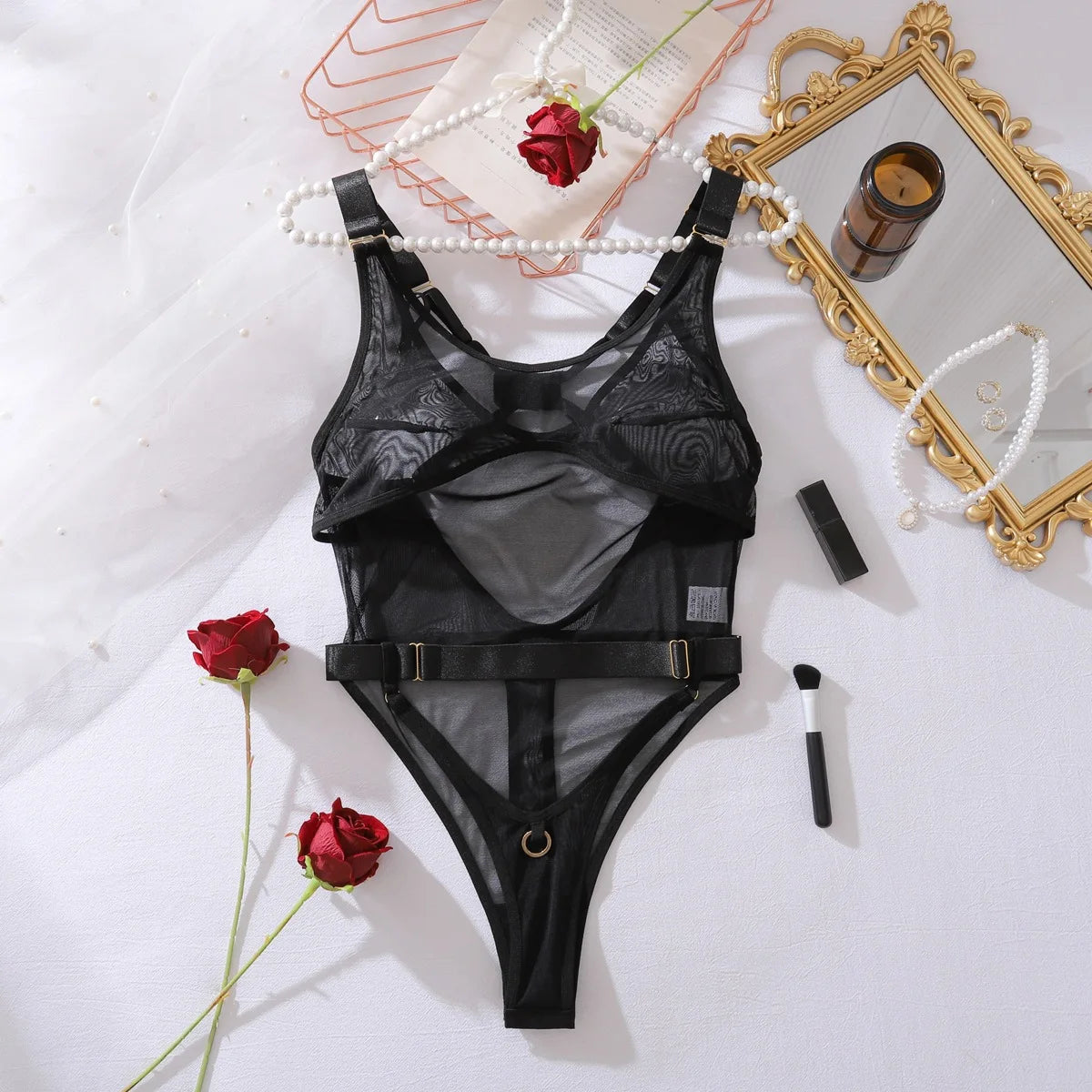 Sexy Lingerie Bodysuit Sheer Mesh Crotchless Romper Womens Shapewear Jumpsuit Romantic Nightwear See Through One Piece Teddy