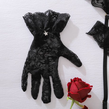 Black Embroidered Perspective Temptation Bra Lace Underwear Body Shaping Clothes Hanging Socks with Gloves