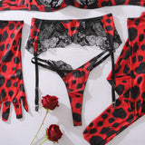 Diccvicc Sensual Lingerie Woman See Through Sexy Lace Bra Garter Belt Leopard Underwear with Stocking Glove Exotic Intimate Wear