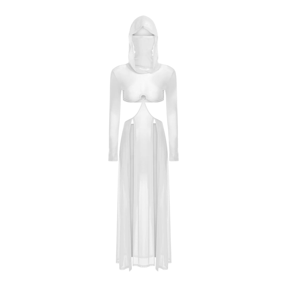 Women Wet Look Mesh Maxi Dress with Hooded Cosplay Sexy High Slit Lingerie Face Mask Long Sleeves Hollow Out Sheer Nightdress