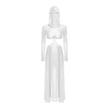 Women Wet Look Mesh Maxi Dress with Hooded Cosplay Sexy High Slit Lingerie Face Mask Long Sleeves Hollow Out Sheer Nightdress