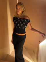 Weird Puss Polka Dots Print T-Shirts Women Summer Trend Skew Collar Off Shoulder Backless Street Fashion Trend Ruched Crop Tops