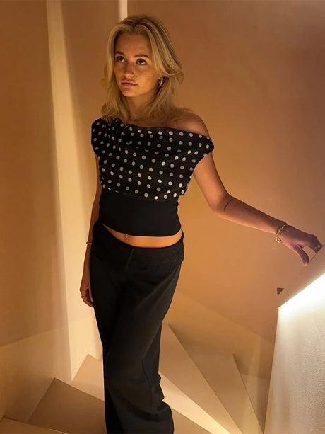 Weird Puss Polka Dots Print T-Shirts Women Summer Trend Skew Collar Off Shoulder Backless Street Fashion Trend Ruched Crop Tops