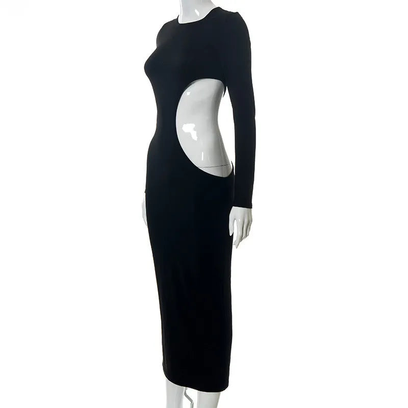 2025 Women's Solid Color Long Sleeve O-Neck Sexy Hollow Out Long Dresses Club Party Dress Sexy Vestidos Plus Size XXXS-3XL XXL
