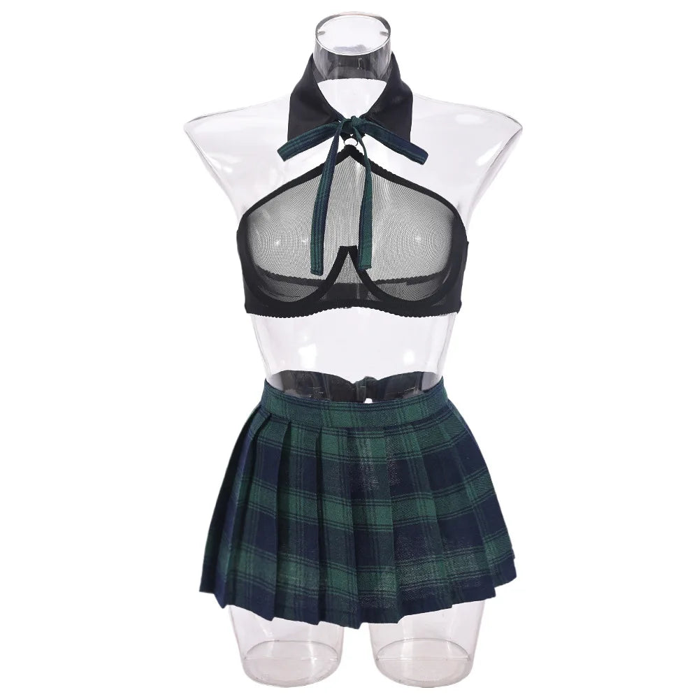 Ellolace Students Cosplay Lingerie Green Plaid Skirt Ultra Hot Halter Bra Transparent Necktie g-String Thongs Ensemble Lingeries