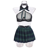 Ellolace Students Cosplay Lingerie Green Plaid Skirt Ultra Hot Halter Bra Transparent Necktie g-String Thongs Ensemble Lingeries