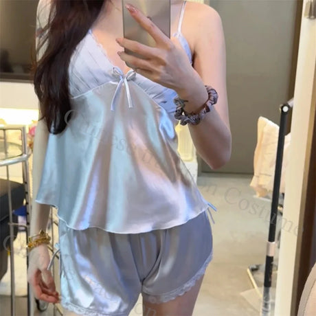 2025 Summer New Cami Top&shorts Sexy Lace Trim Pajamas Nightwear Lady's Lingerie Attractive Pijamas Backless Home Clothes