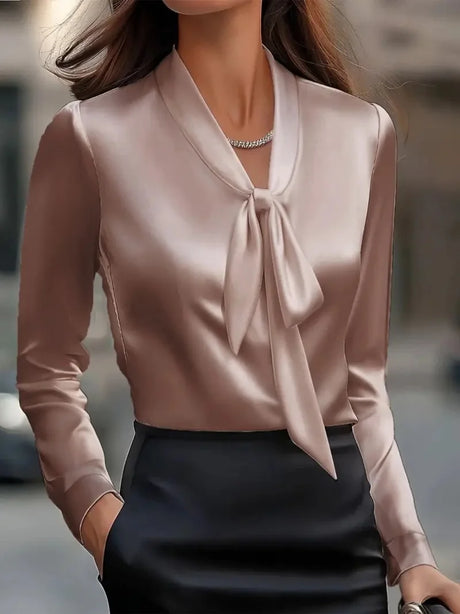 Elegant Satin Long Sleeve Bow Tie Neck Blouse for Women Office Casual Wear Top
