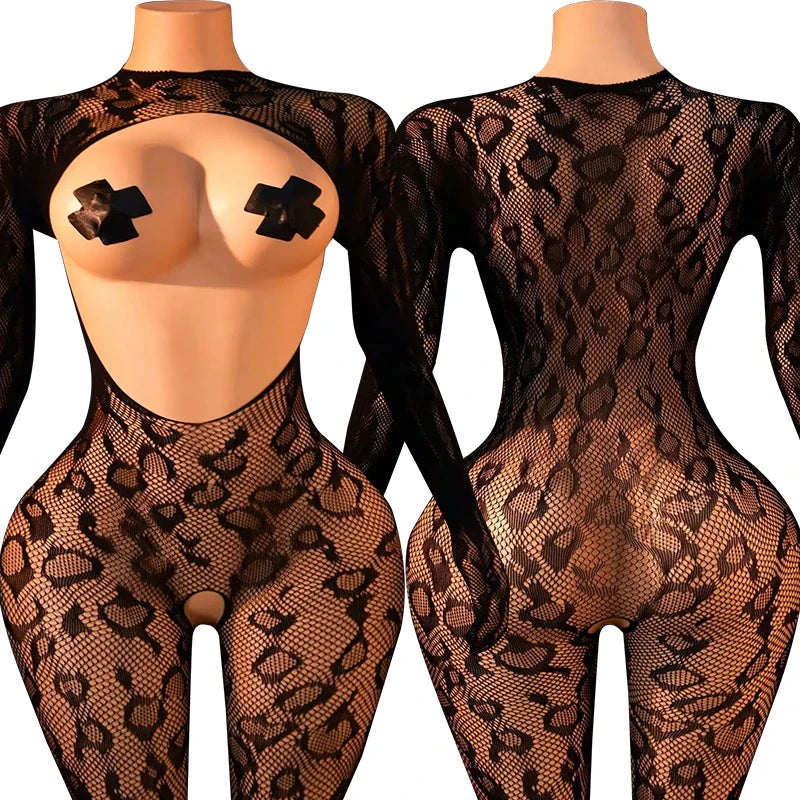 Sexy Crotchless Lingerie Women Open Back Teddies Body Suits Mesh See Through Bodystockings Full Sleeve Leopard Print Bodysuits