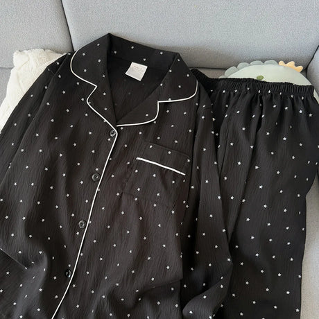 Spring and Autumn Large Black Pajama Women's Long Sleeve Set Sweet Cardigan High End Home Clothes Ladies Nightwear Star Print