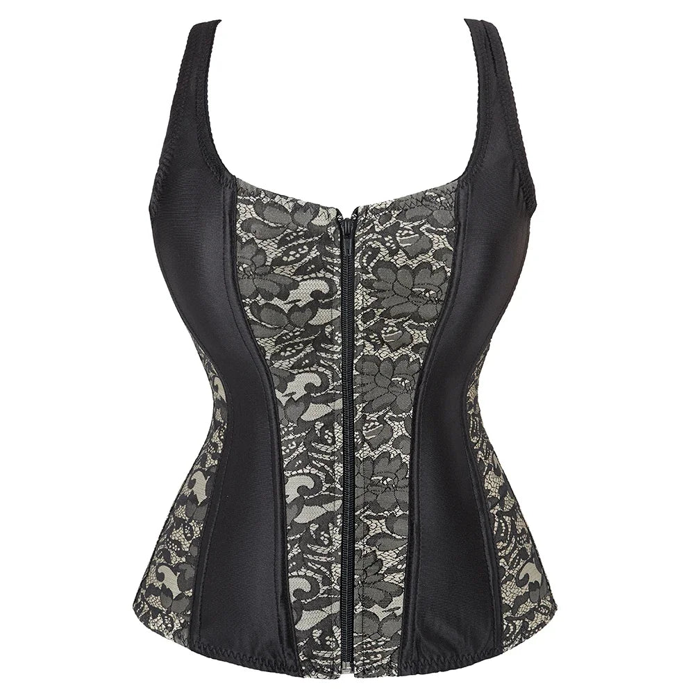 Gothic Corset Top With Straps Sexy Floral Zipper Brocade Overbust Lingerie Burlesque Body Shaper Lace Up Bustier Plus Size