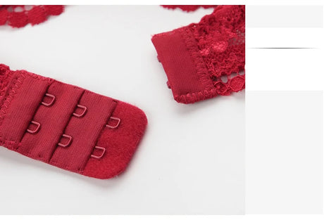 French Red 1/2 Cup Sexy Bra Set Lace Flowers Embroidery Women Underwear Push Up Brassiere and Panties Garter 3 Pieces Sets