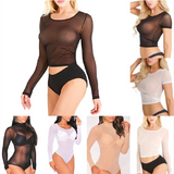 Sexy Women T Shirt See Through Mesh Black Long Sleeve Bodysuit Sheer Slim Turtleneck Tulle Crop Top T-Shirt Transparent Clubwear